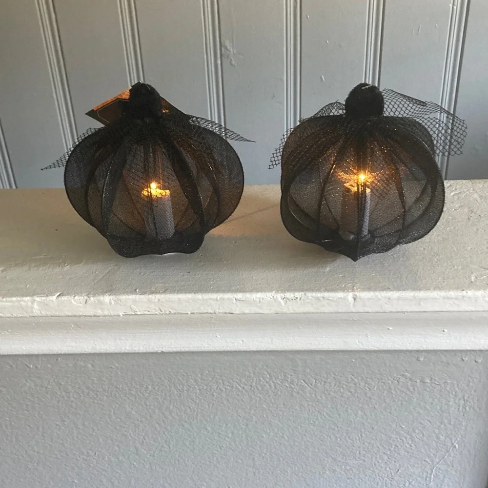 NWT- 2- Elegant Black Lace Covered Light Up LED Halloween Pumpkin Decorations